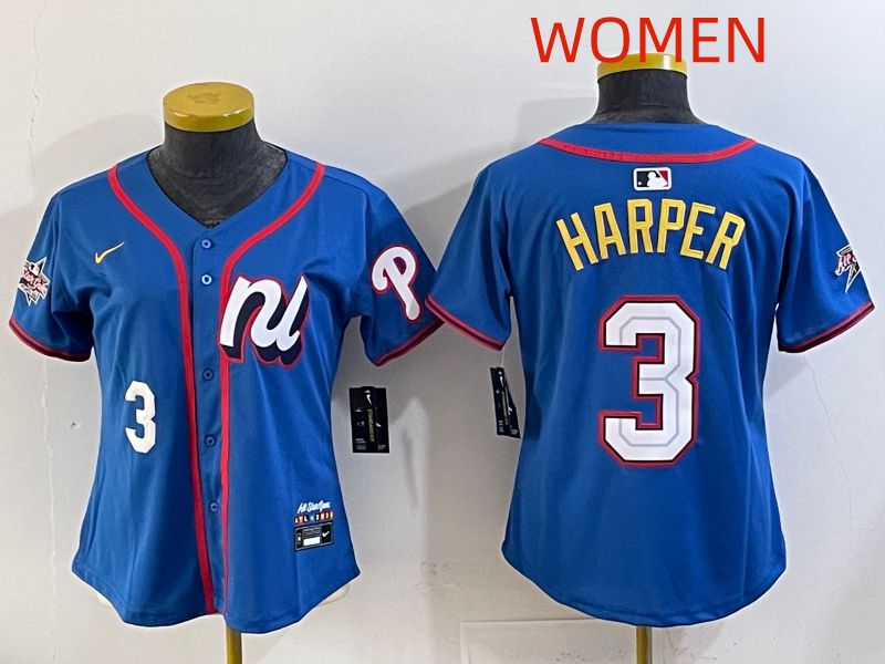 Women 2025 Philadelphia Phillies 3 Harper Blue All star Nike MLB Jersey style 03